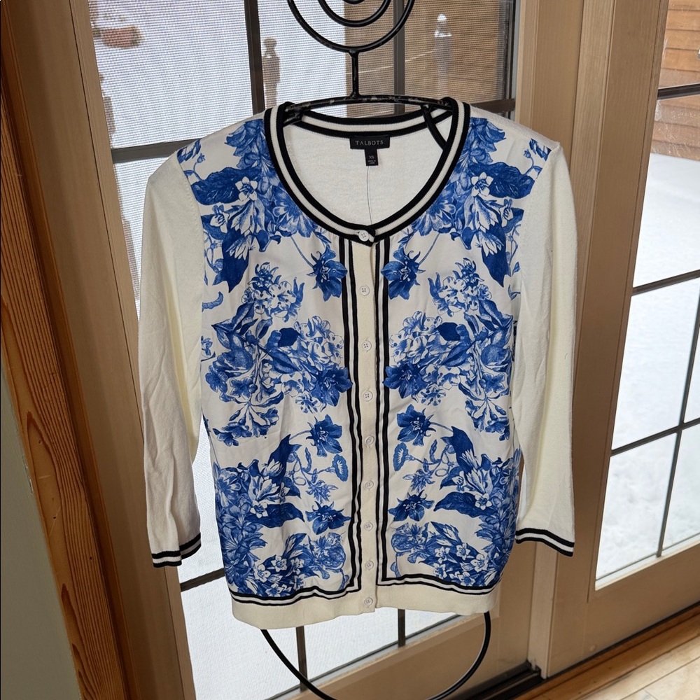 Talbots Toule Blue Floral Cardigan with Black Trim Sz XS Cardigan Sweater